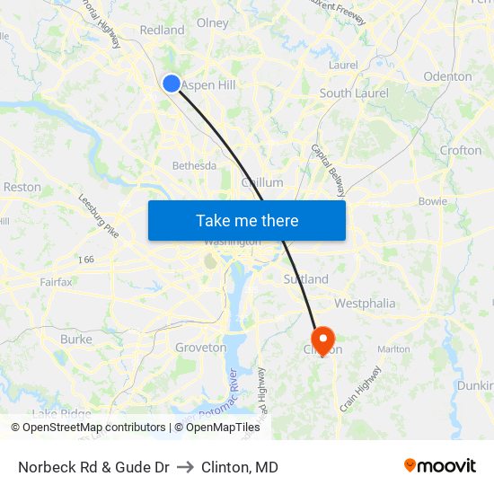Norbeck Rd & Gude Dr to Clinton, MD map