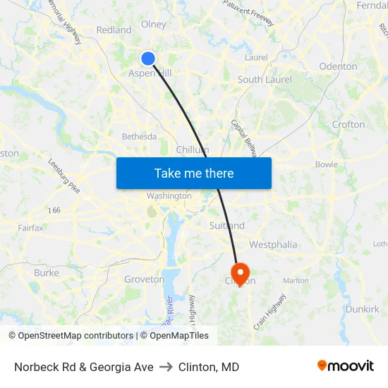 Norbeck Rd & Georgia Ave to Clinton, MD map