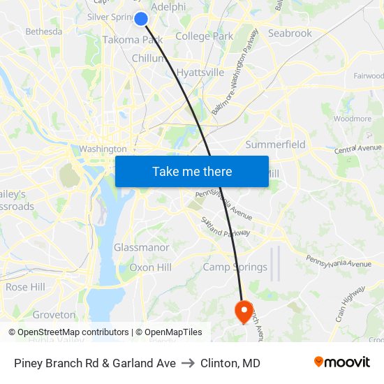 Piney Branch Rd & Garland Ave to Clinton, MD map