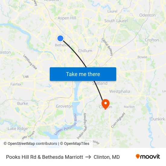 Pooks Hill Rd & Bethesda Marriott to Clinton, MD map