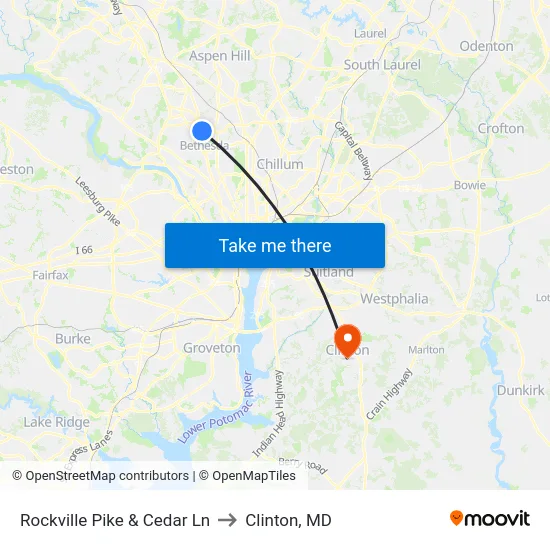 Rockville Pike & Cedar Ln to Clinton, MD map