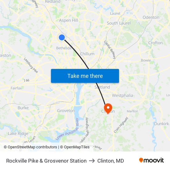 Rockville Pike & Grosvenor Station to Clinton, MD map