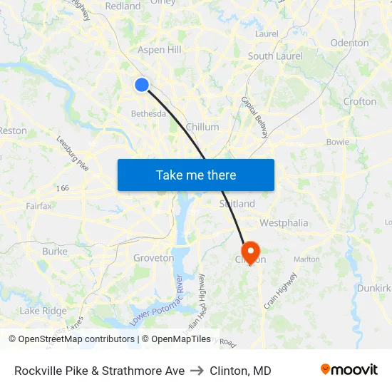 Rockville Pike & Strathmore Ave to Clinton, MD map