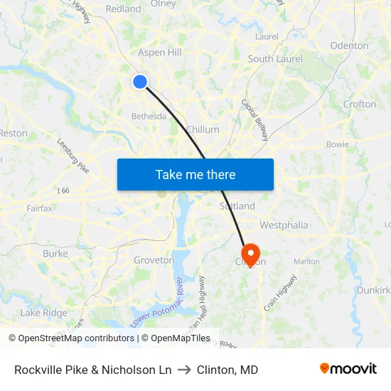 Rockville Pike & Nicholson Ln to Clinton, MD map