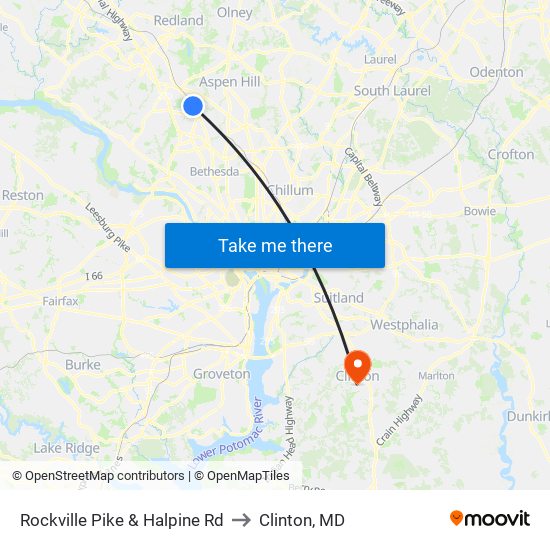 Rockville Pike & Halpine Rd to Clinton, MD map