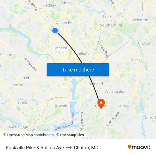 Rockville Pike & Rollins Ave to Clinton, MD map