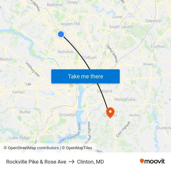 Rockville Pike & Rose Ave to Clinton, MD map