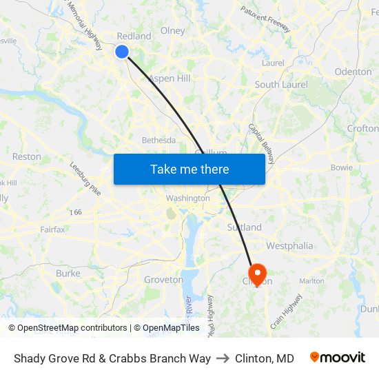 Shady Grove Rd & Crabbs Branch Way to Clinton, MD map