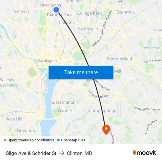 Sligo Ave & Schrider St to Clinton, MD map