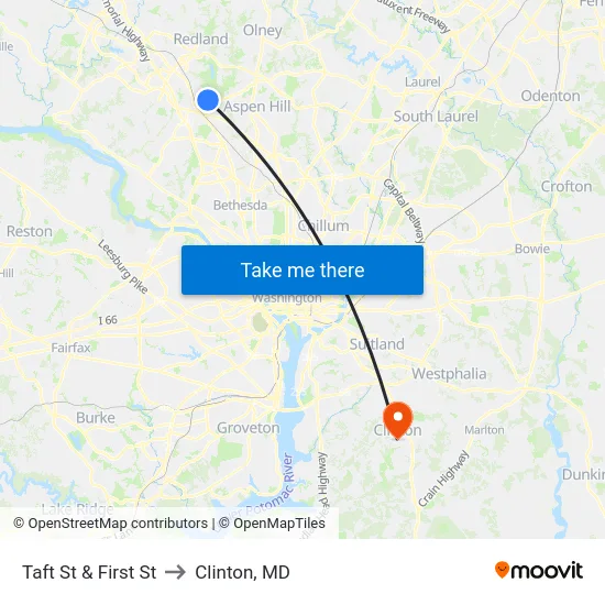 Taft St & First St to Clinton, MD map