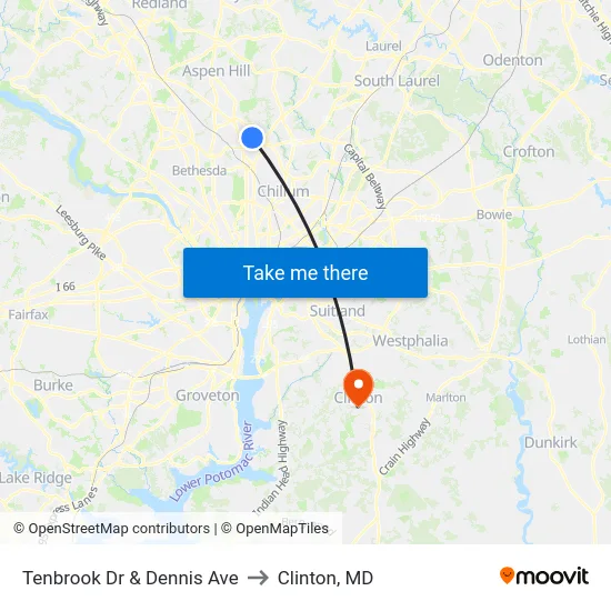 Tenbrook Dr & Dennis Ave to Clinton, MD map