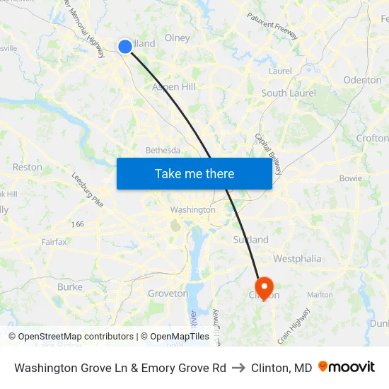 Washington Grove Ln & Emory Grove Rd to Clinton, MD map