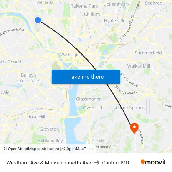 Westbard Ave & Massachusetts Ave to Clinton, MD map