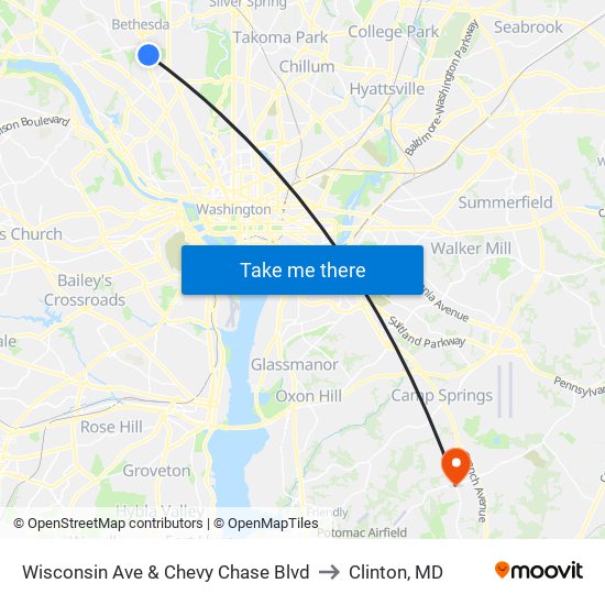 Wisconsin Ave & Chevy Chase Blvd to Clinton, MD map