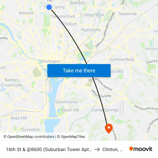16th St & @8600 (Suburban Tower Apts) to Clinton, MD map
