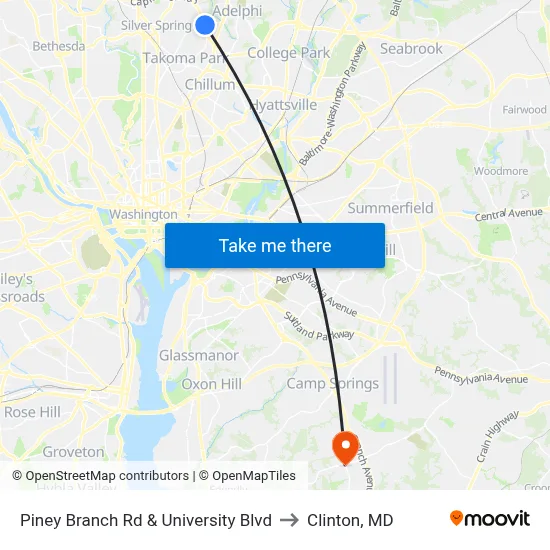 Piney Branch Rd & University Blvd to Clinton, MD map