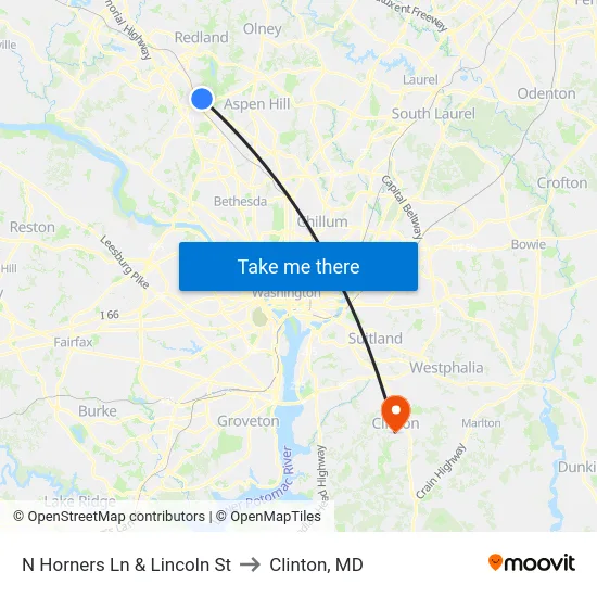 N Horners Ln & Lincoln St to Clinton, MD map