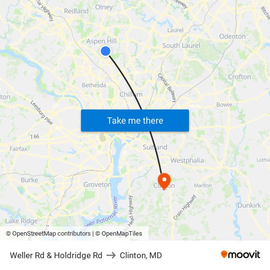 Weller Rd & Holdridge Rd to Clinton, MD map