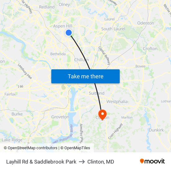 Layhill Rd & Saddlebrook Park to Clinton, MD map