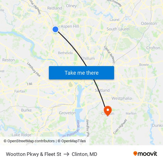 Wootton Pkwy & Fleet St to Clinton, MD map