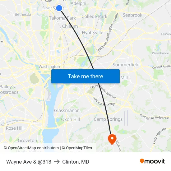 Wayne Ave & @313 to Clinton, MD map