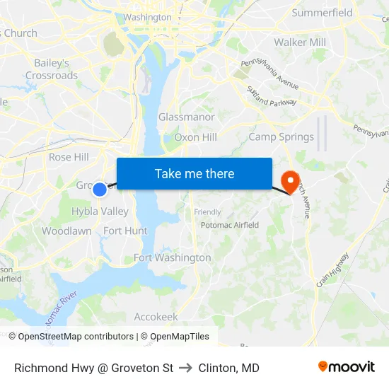 Richmond Hwy @ Groveton St to Clinton, MD map
