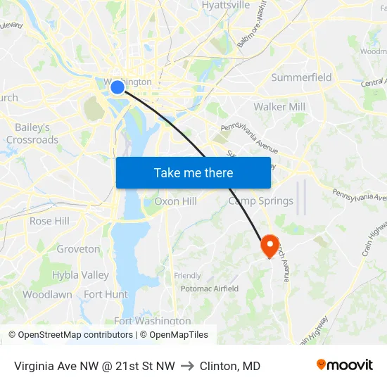 Virginia Ave NW @ 21st St NW to Clinton, MD map
