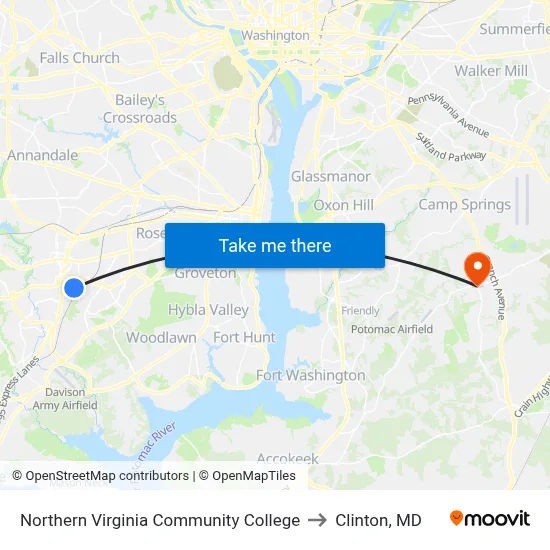 Northern Virginia Community College to Clinton, MD map