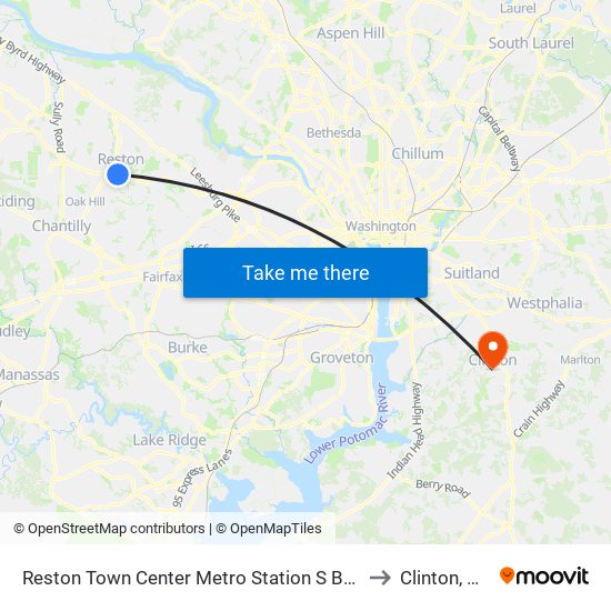 Reston Town Center Metro Station S Bay B to Clinton, MD map