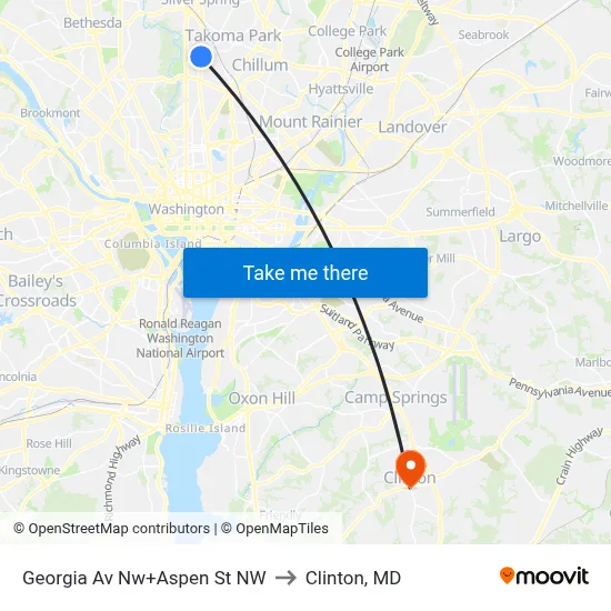 Georgia Av Nw+Aspen St NW to Clinton, MD map