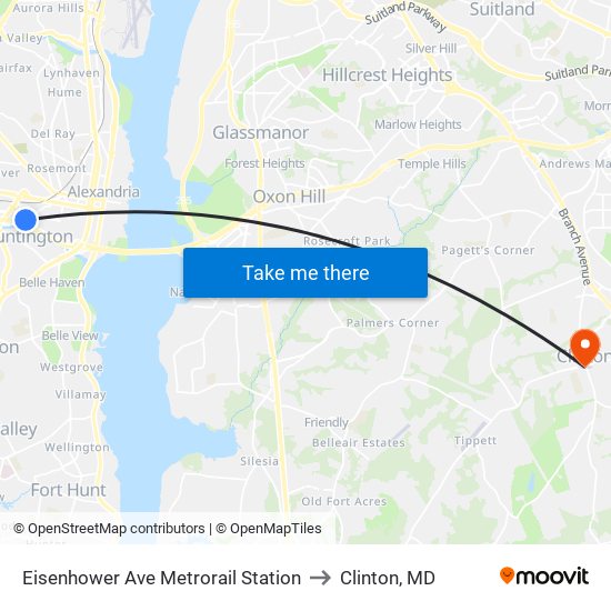 Eisenhower Ave Metrorail Station to Clinton, MD map