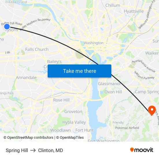 Spring Hill to Clinton, MD map