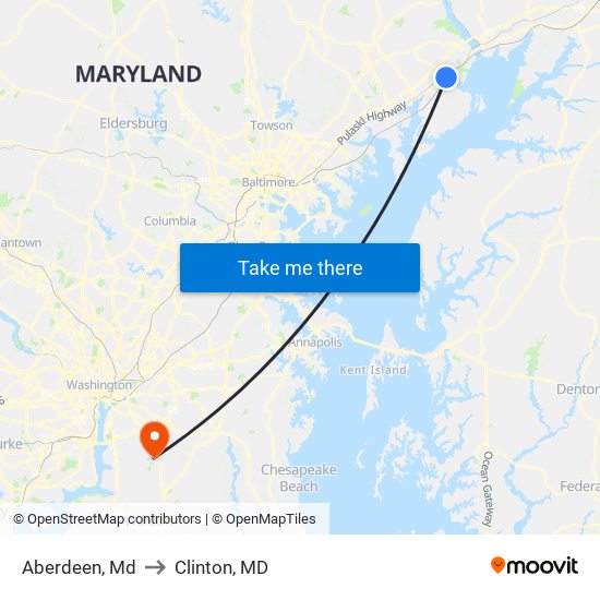 Aberdeen, Md to Clinton, MD map