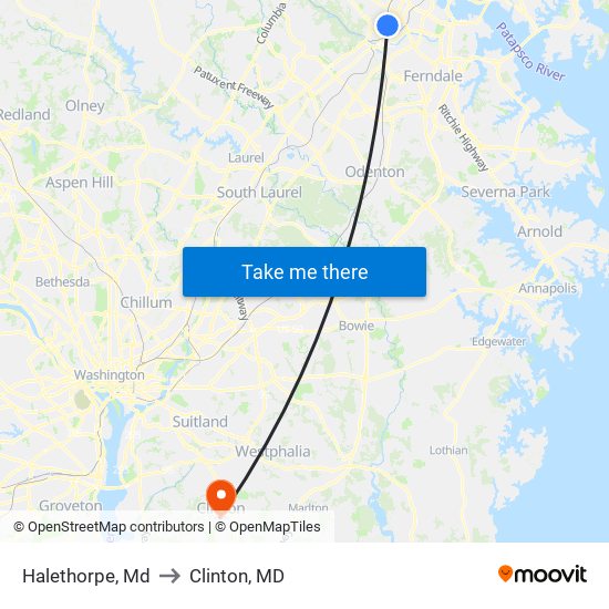 Halethorpe, Md to Clinton, MD map