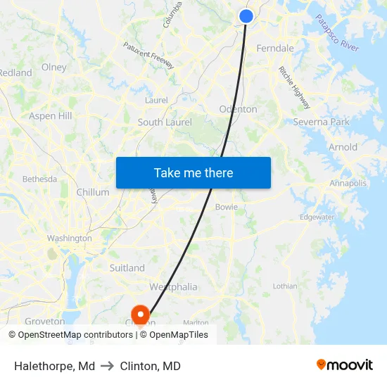Halethorpe, Md to Clinton, MD map