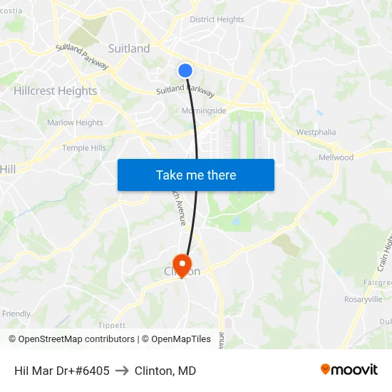 Hil Mar Dr+#6405 to Clinton, MD map