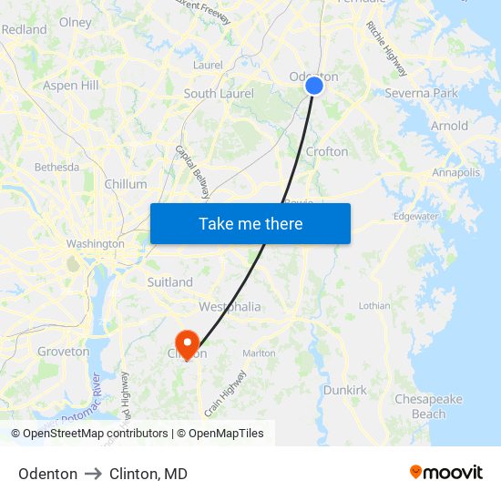 Odenton to Clinton, MD map