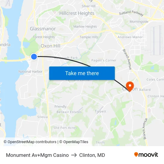 Monument Av+Mgm Casino to Clinton, MD map
