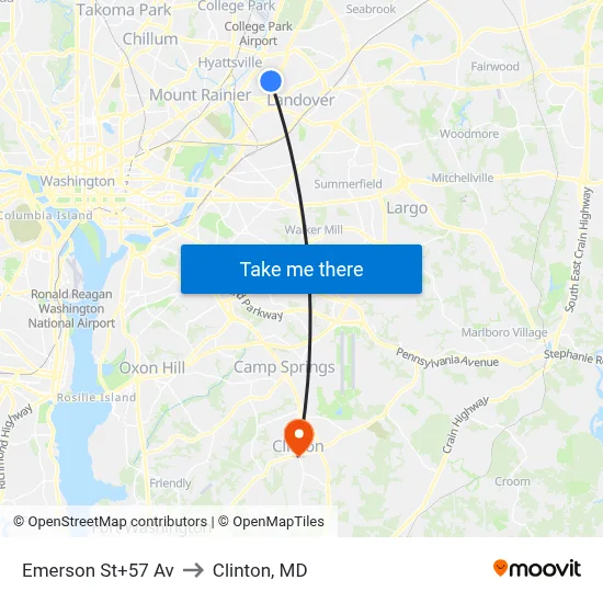 Emerson St+57 Av to Clinton, MD map