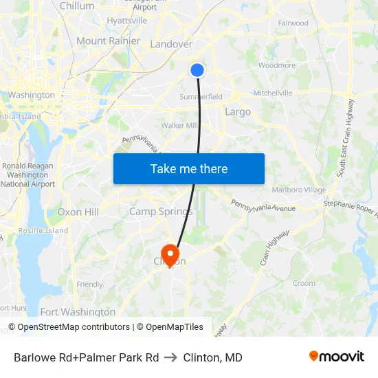Barlowe Rd+Palmer Park Rd to Clinton, MD map