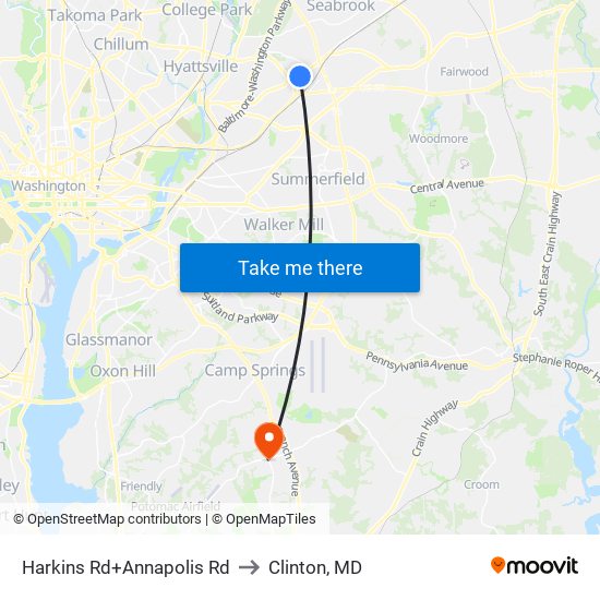 Harkins Rd+Annapolis Rd to Clinton, MD map