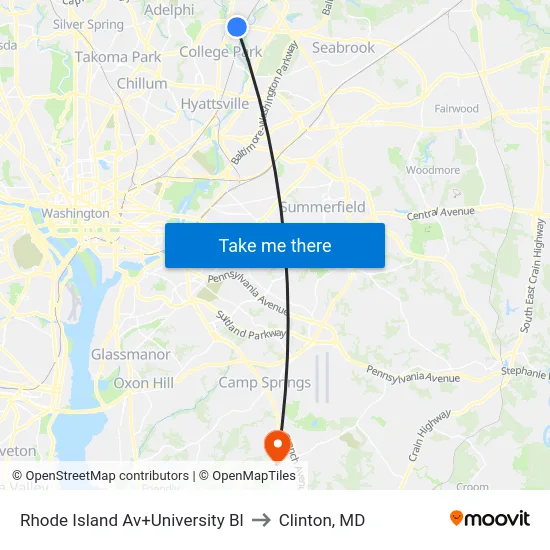Rhode Island Av+University Bl to Clinton, MD map