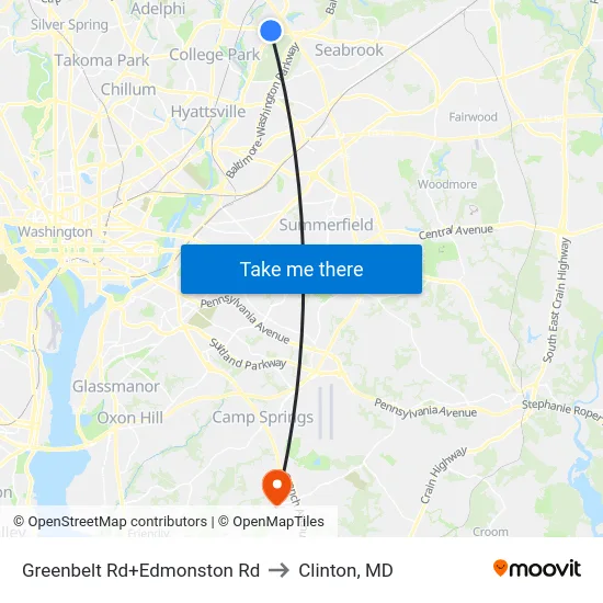 Greenbelt Rd+Edmonston Rd to Clinton, MD map