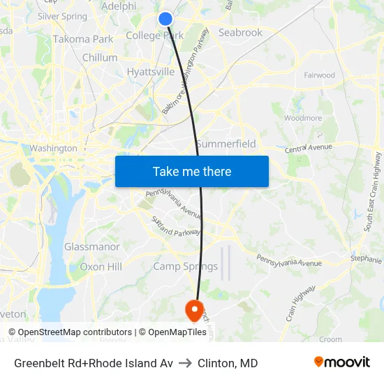 Greenbelt Rd+Rhode Island Av to Clinton, MD map