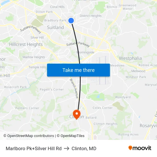 Marlboro Pk+Silver Hill Rd to Clinton, MD map