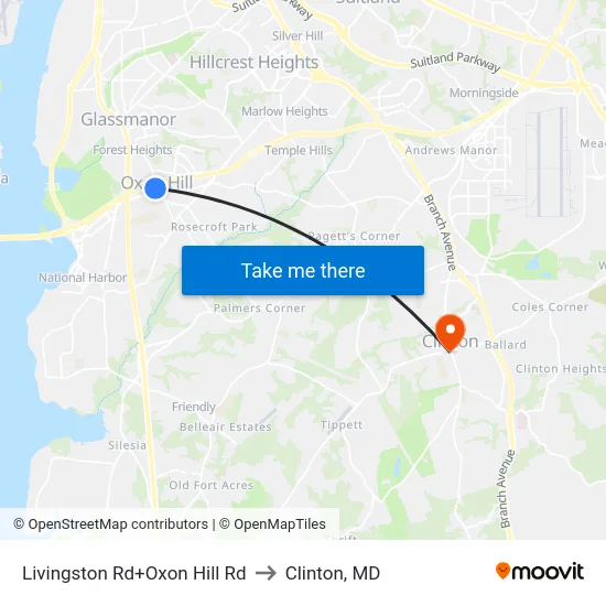 Livingston Rd+Oxon Hill Rd to Clinton, MD map