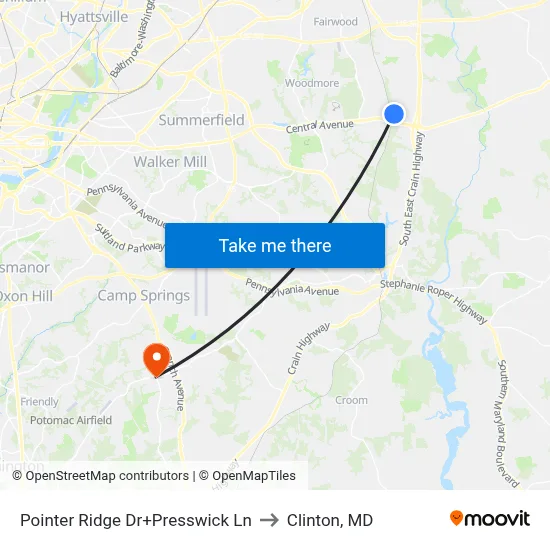 Pointer Ridge Dr+Presswick Ln to Clinton, MD map