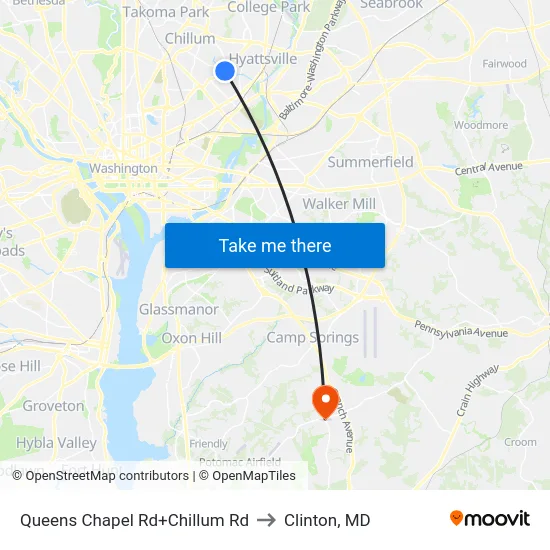 Queens Chapel Rd+Chillum Rd to Clinton, MD map