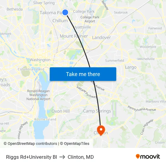 Riggs Rd+University Bl to Clinton, MD map