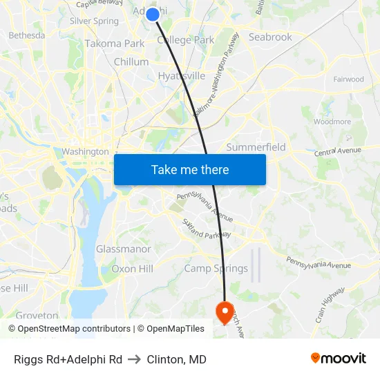 Riggs Rd+Adelphi Rd to Clinton, MD map